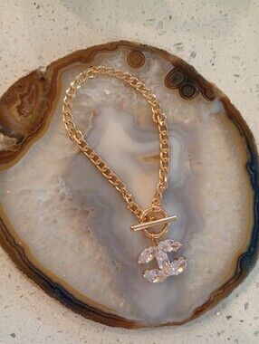 NEW Gold-Tone Chain Toggle Bracelet with Crystal Pendant